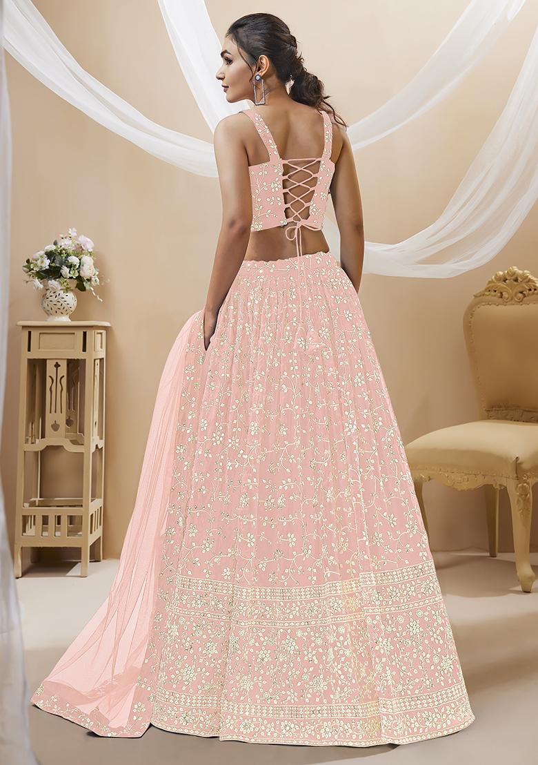 Pink Sequin Zari Embroidered Georgette Lehenga Set