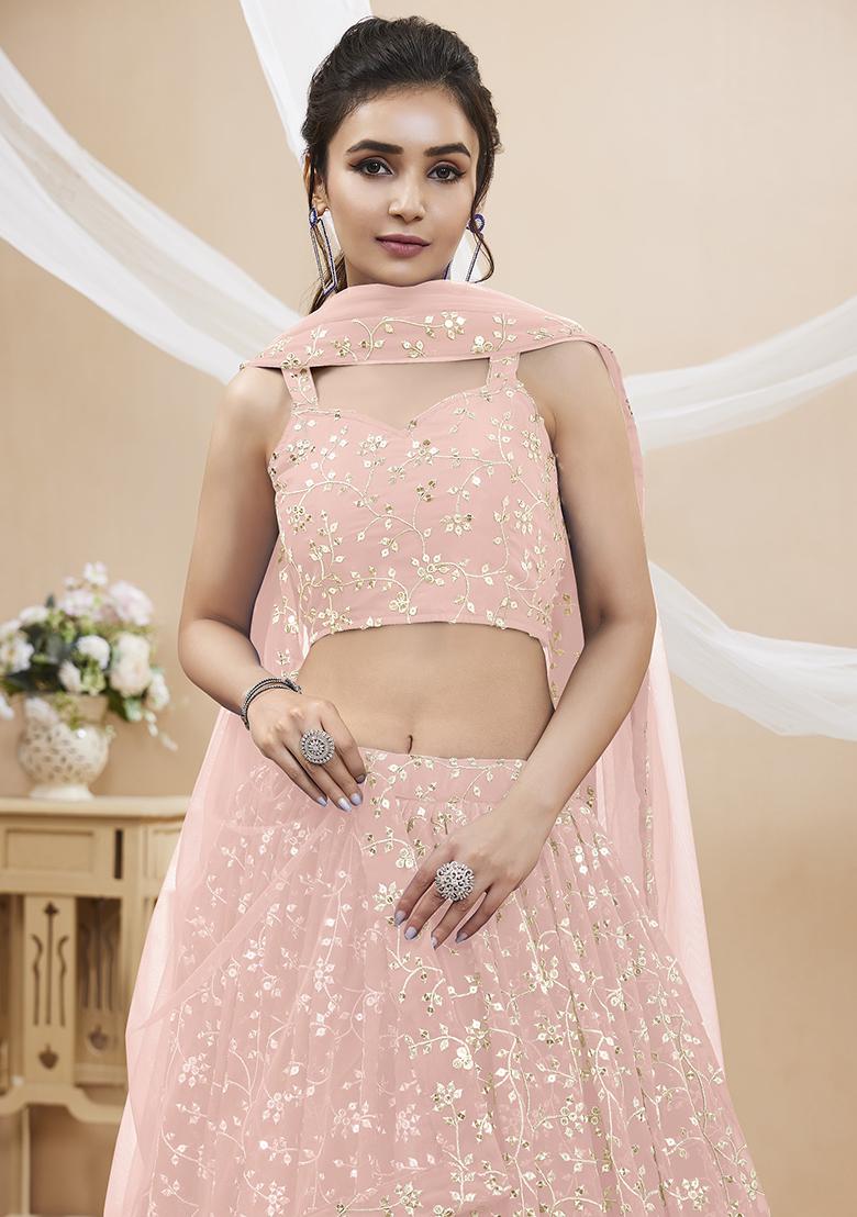 Pink Sequin Zari Embroidered Georgette Lehenga Set