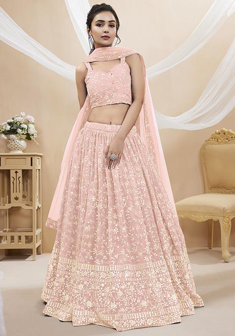 Pink Sequin Zari Embroidered Georgette Lehenga Set