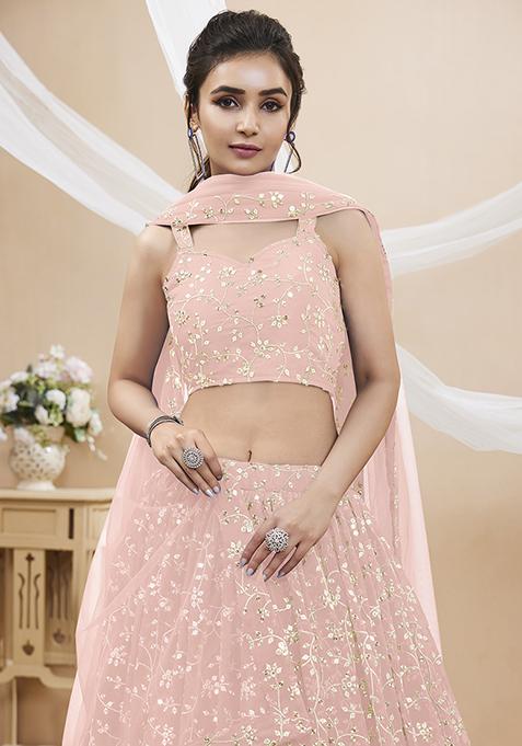 Pink Sequin Zari Embroidered Georgette Lehenga Set
