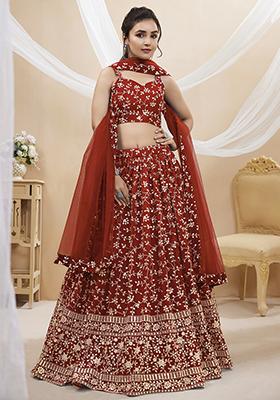 Red Sequin Zari Embroidered Georgette Lehenga Set