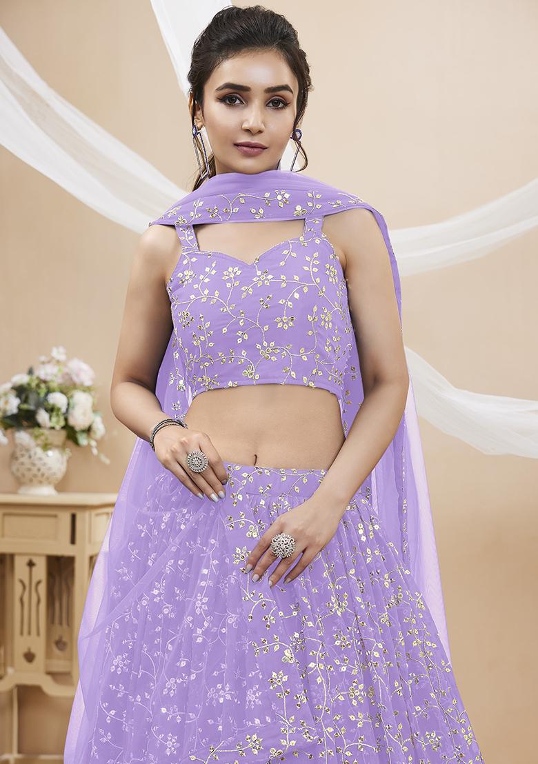 Lavender Sequin Zari Embroidered Georgette Lehenga Set - Indya