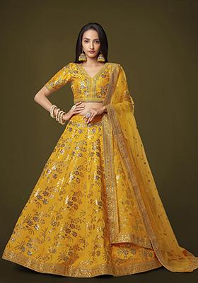 Yellow Sequin Zari Embroidered Slub Silk Lehenga Set