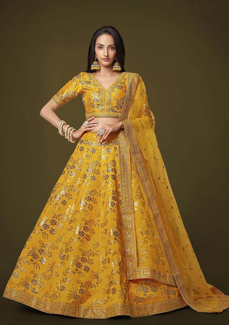 Yellow Sequin Zari Embroidered Slub Silk Lehenga Set