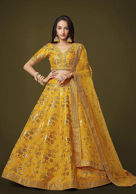 Yellow Sequin Zari Embroidered Slub Silk Lehenga Set