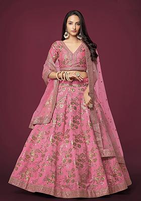 Pink Sequin Zari Embroidered Slub Silk Lehenga Set