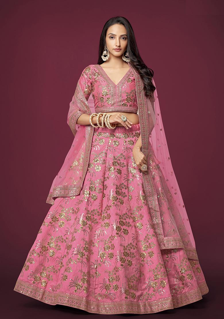 Pink Sequin Zari Embroidered Slub Silk Lehenga Set
