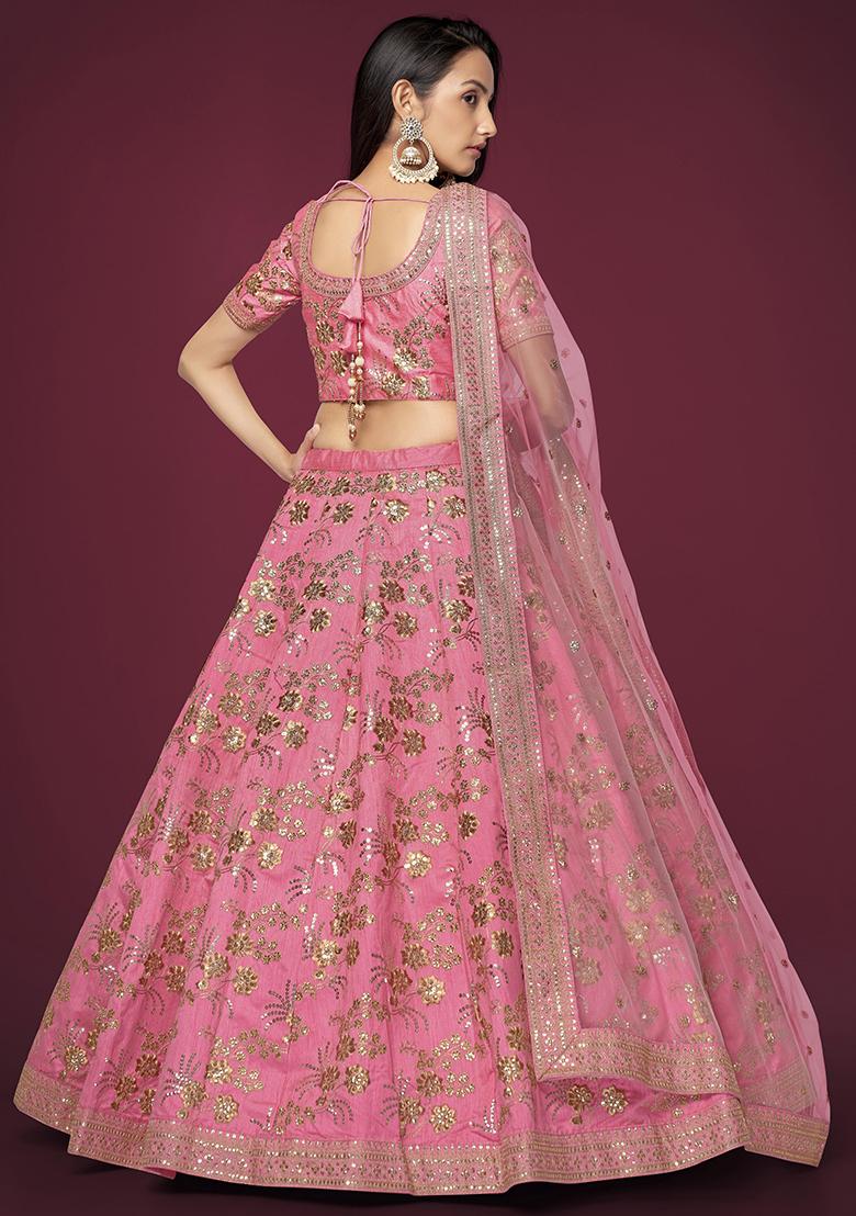 Pink Sequin Zari Embroidered Slub Silk Lehenga Set