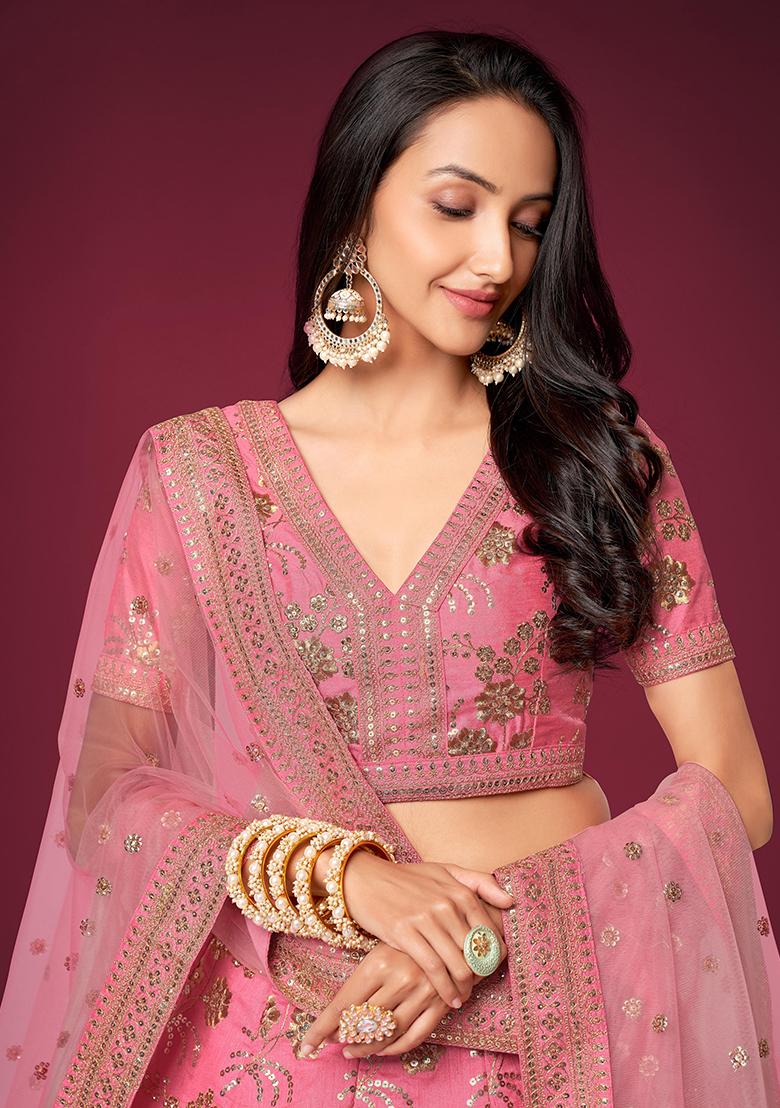 Pink Sequin Zari Embroidered Slub Silk Lehenga Set