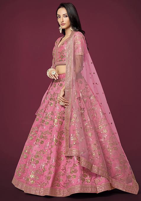 Pink Sequin Zari Embroidered Slub Silk Lehenga Set