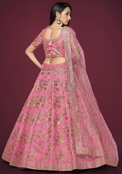 Pink Sequin Zari Embroidered Slub Silk Lehenga Set