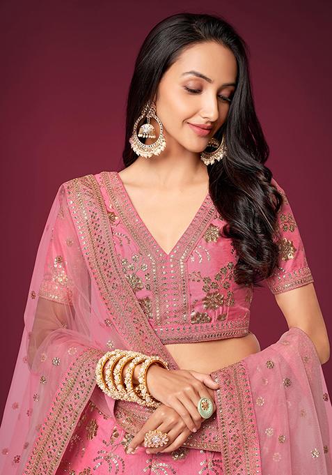 Pink Sequin Zari Embroidered Slub Silk Lehenga Set