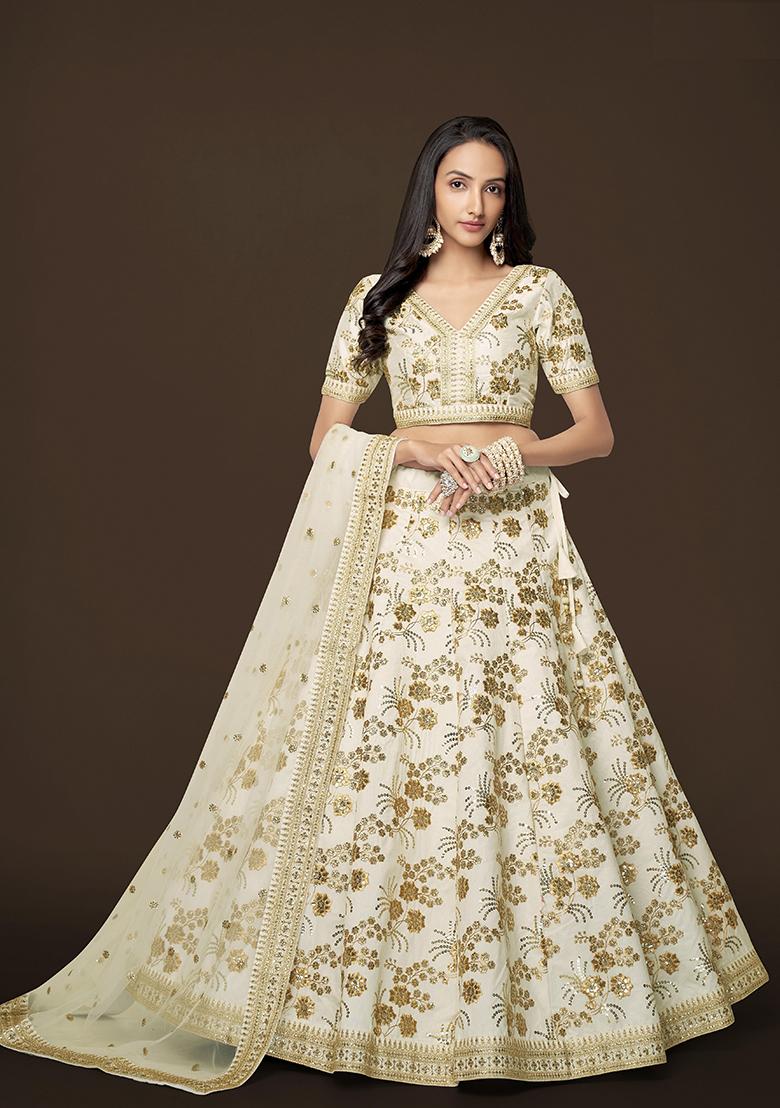 White Sequin Zari Embroidered Slub Silk Lehenga Set