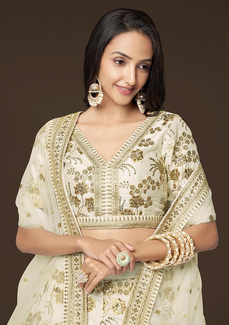 White Sequin Zari Embroidered Slub Silk Lehenga Set