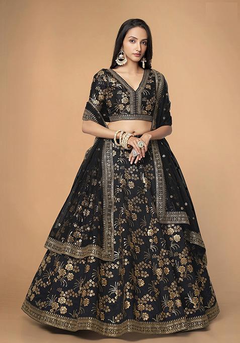 Black Sequin Zari Embroidered Slub Silk Lehenga Set