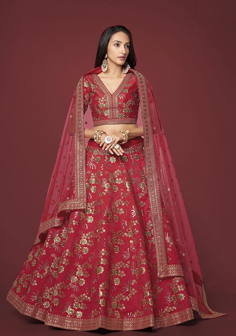 Red Sequin Zari Embroidered Slub Silk Lehenga Set