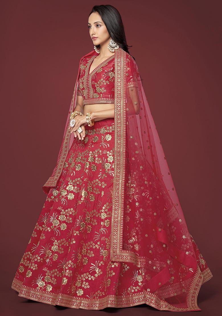 Red Sequin Zari Embroidered Slub Silk Lehenga Set