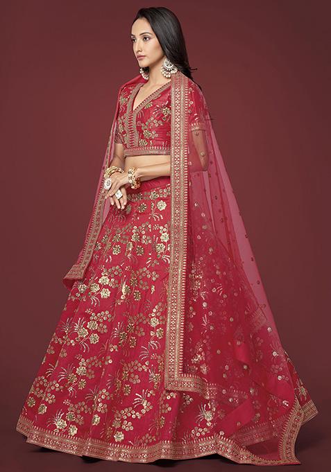 Red Sequin Zari Embroidered Slub Silk Lehenga Set