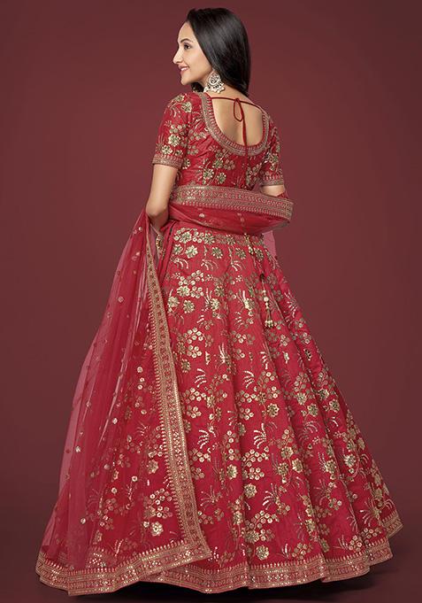 Red Sequin Zari Embroidered Slub Silk Lehenga Set