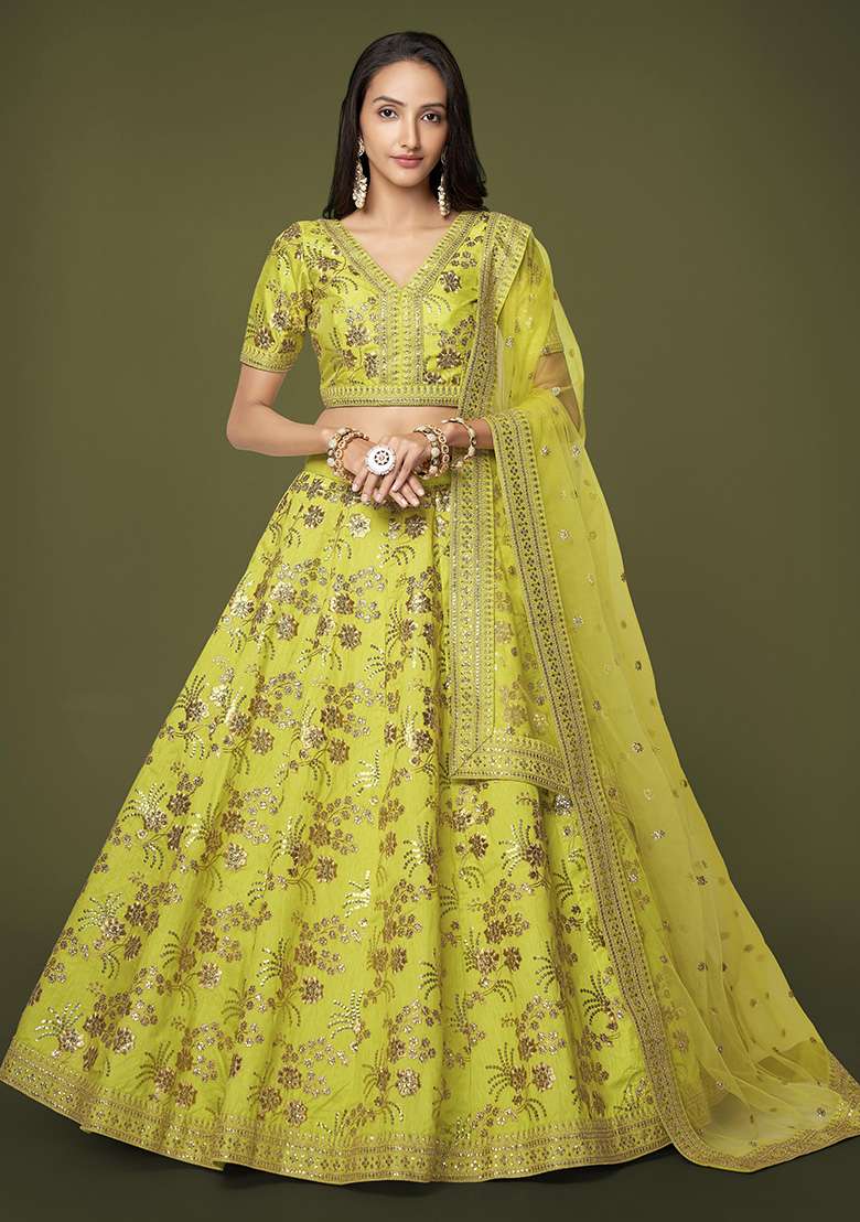 Neon Yellow Zari Slub Silk Blend Lehenga Set with Embroidered & Sequin for Diwali | Wedding & Festive Wear - Indya