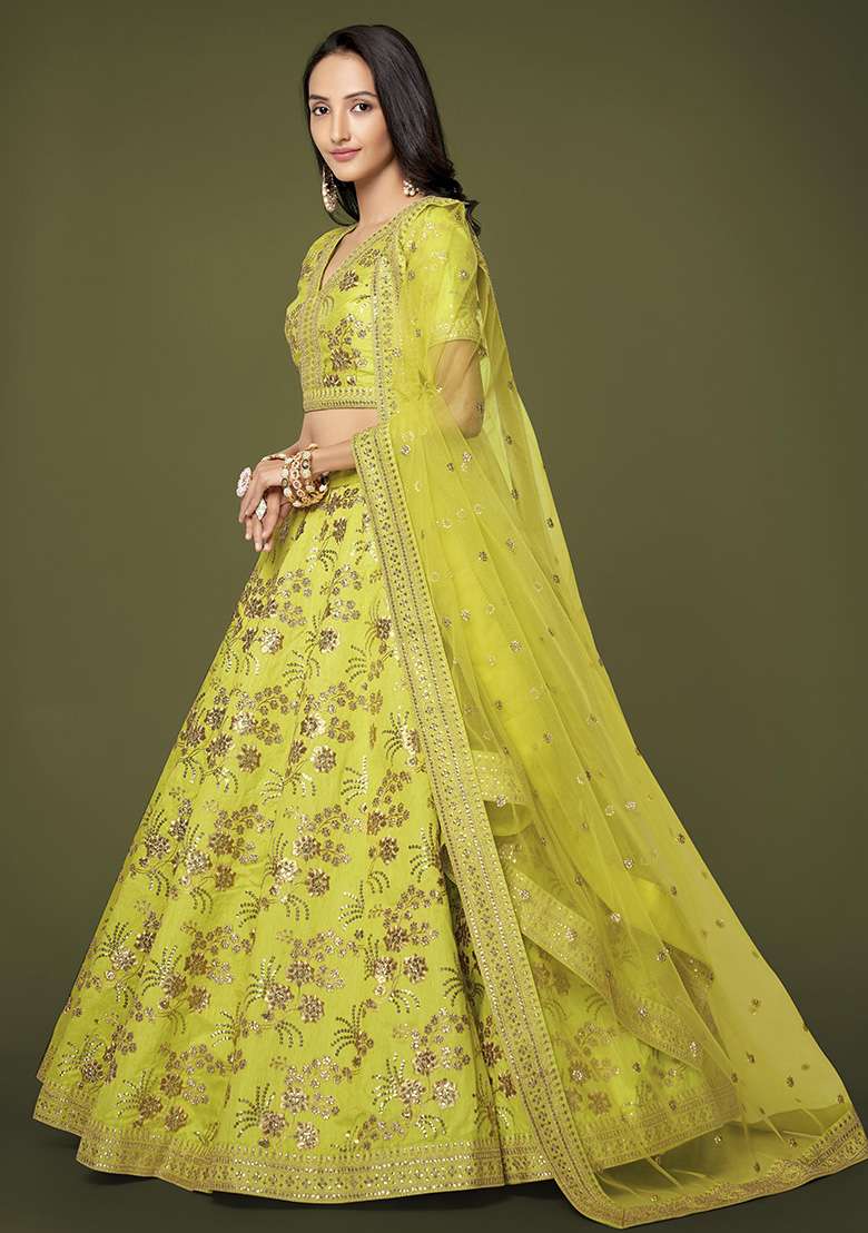 Neon Yellow Zari Slub Silk Blend Lehenga Set with Embroidered & Sequin for Diwali | Wedding & Festive Wear - Indya