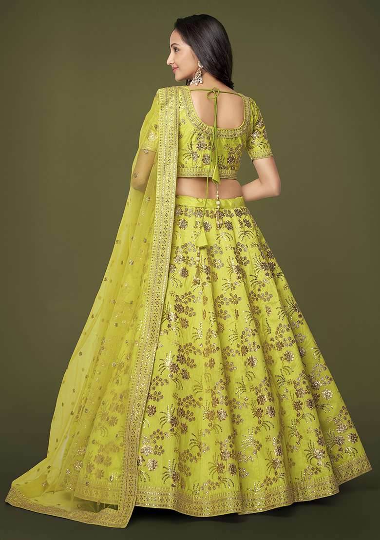 Neon Yellow Zari Slub Silk Blend Lehenga Set with Embroidered & Sequin for Diwali | Wedding & Festive Wear - Indya