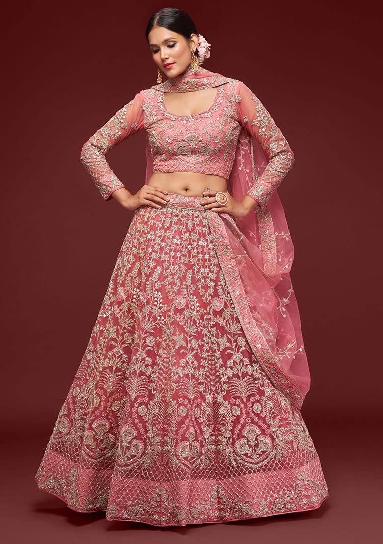 Rose Pink Dori Thread Embroidered Net Lehenga Set