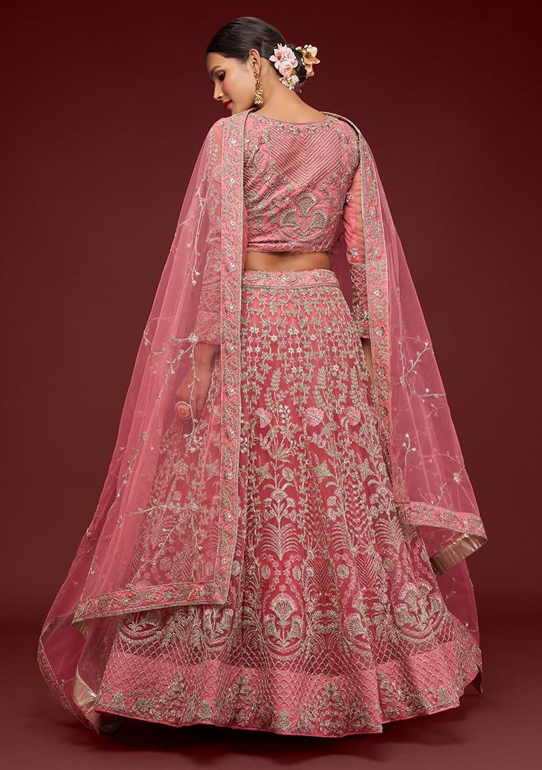 Rose Pink Dori Thread Embroidered Net Lehenga Set