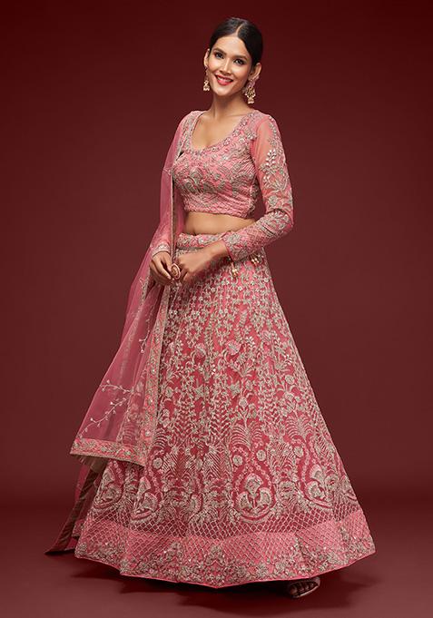Rose Pink Dori Thread Embroidered Net Lehenga Set