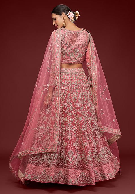 Rose Pink Dori Thread Embroidered Net Lehenga Set