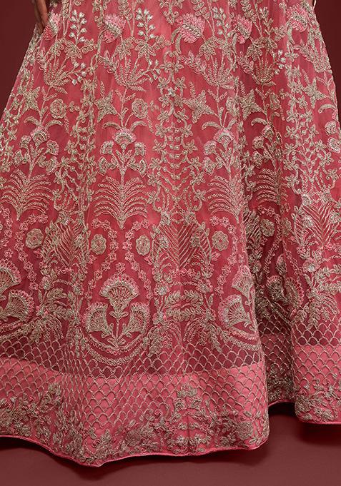 Rose Pink Dori Thread Embroidered Net Lehenga Set