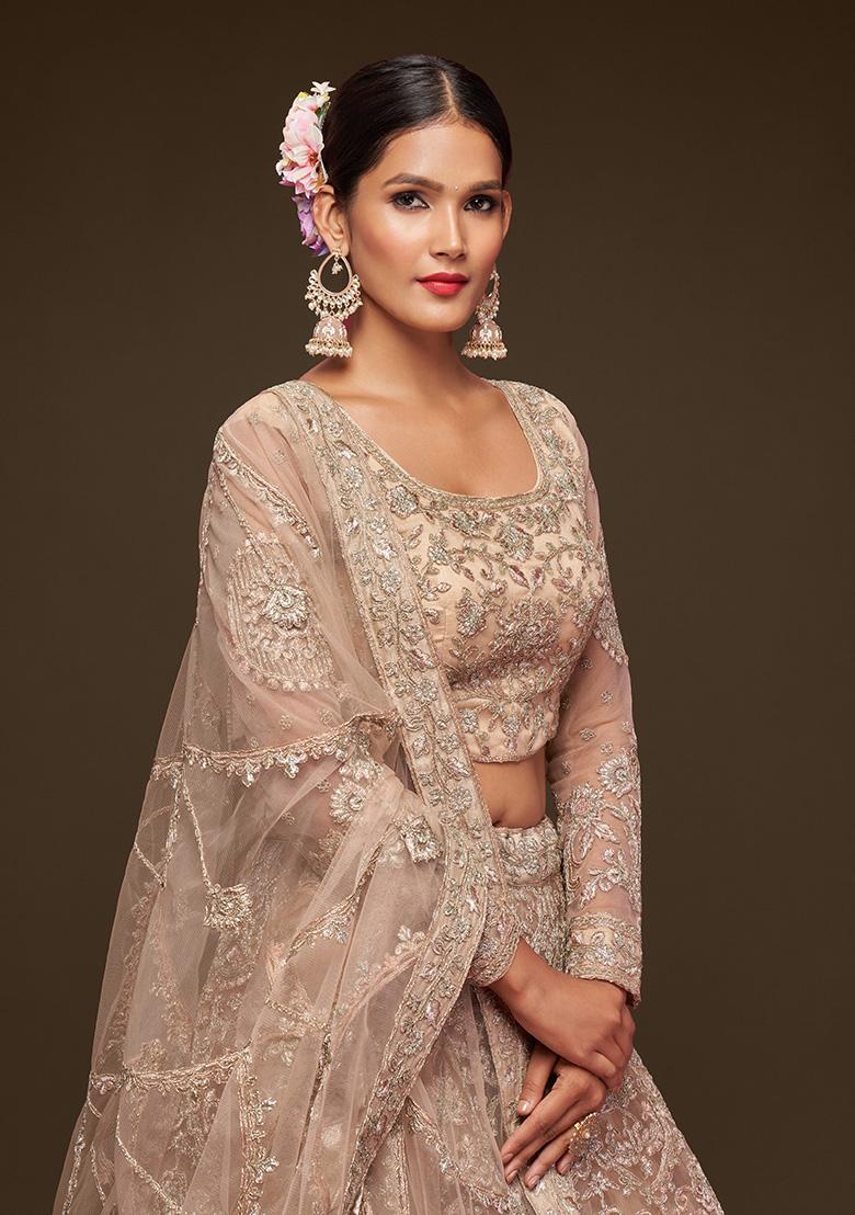 Royal Beige Dori Thread Embroidered Net Lehenga Set