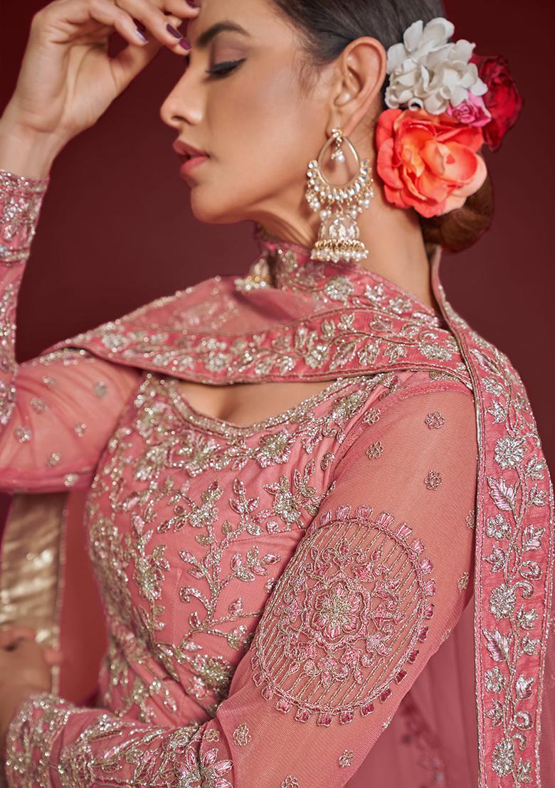 Rose Pink Dori Thread Embroidered Net Lehenga Set