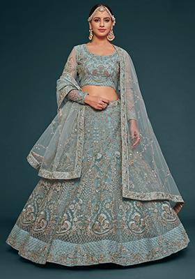 Ocean Aqua Dori Thread Embroidered Net Lehenga Set
