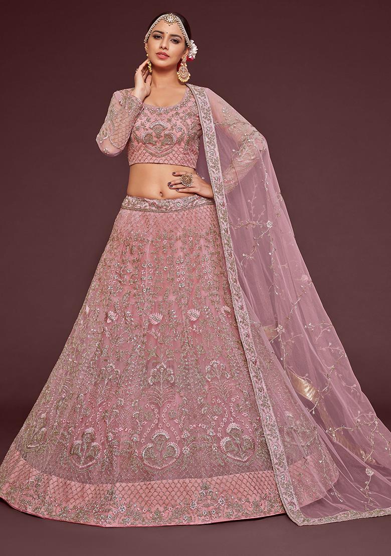Pink Dori Thread Embroidered Net Lehenga Set