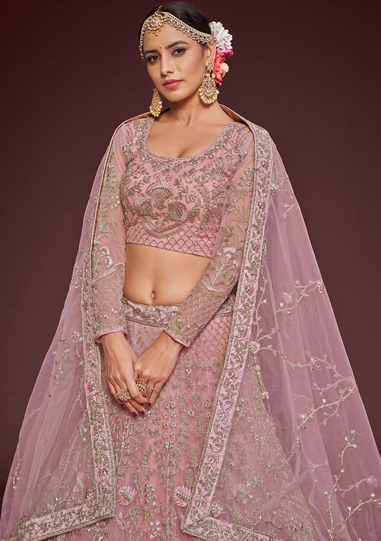 Pink Dori Thread Embroidered Net Lehenga Set