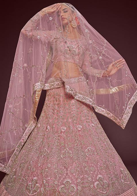 Pink Dori Thread Embroidered Net Lehenga Set