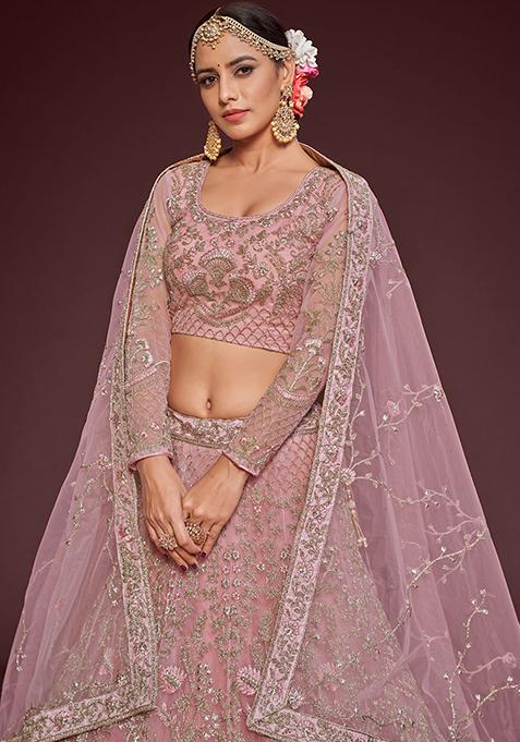 Pink Dori Thread Embroidered Net Lehenga Set
