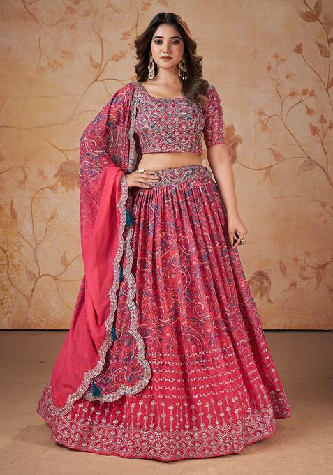 Red Florence Sequin Embroidered Printed Lehenga Set  