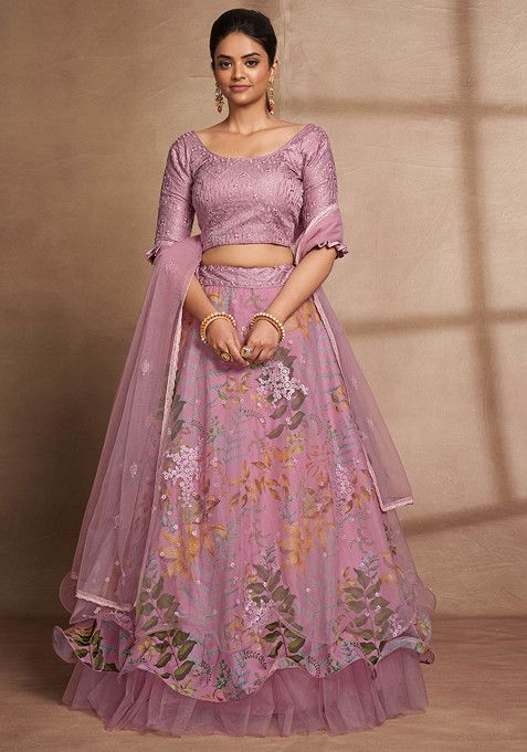 Purple Gulkanya Sequin Embroidered Printed Organza Lehenga Set  