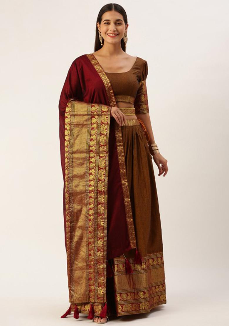 Mustard Zari Work Cotton Lehenga Choli Set