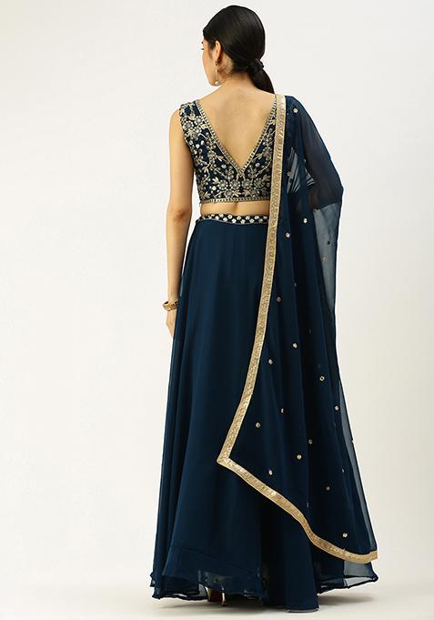 Lovable Navy-Blue Sequined Embroidered Shrug Style Lehenga Choli