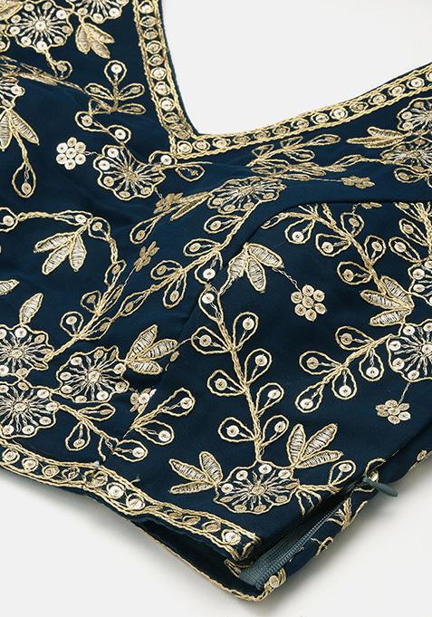 Navy Blue Velvet Lehenga Set with Gold Sequin Choli and Ruffle Dupatta