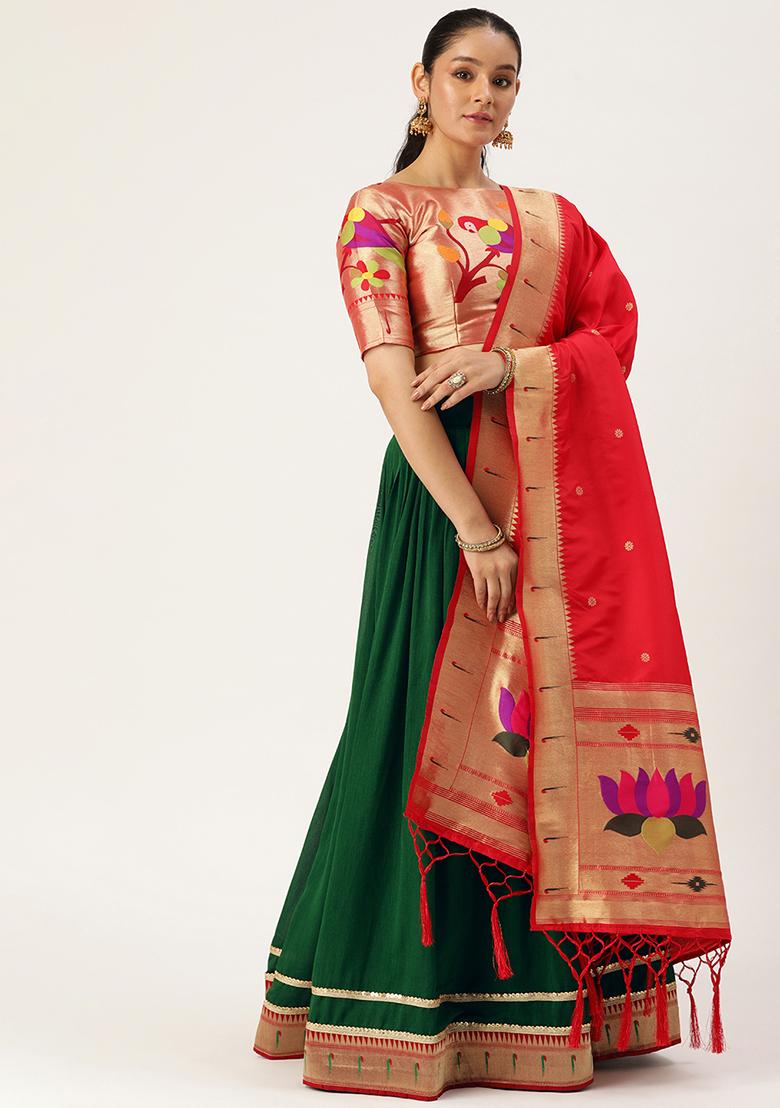 Green Lace Border Jacquard Silk Lehenga Choli Set