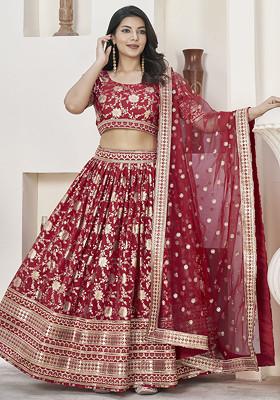 Red Jacquard Work Lehenga Set