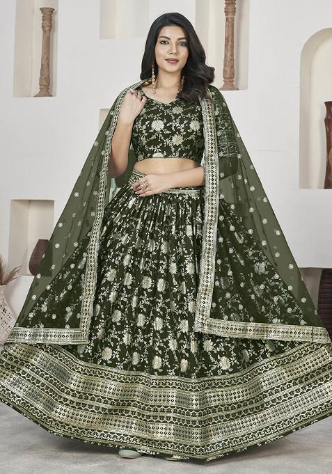 Mehendi Green Jacquard Work Lehenga Set