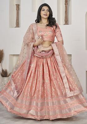Peach Jacquard Work Lehenga Set