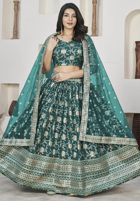 Turquoise Jacquard Work Lehenga Set