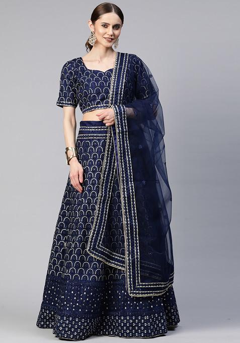 Blue Thread And Sequin Embroidered Lehenga Set