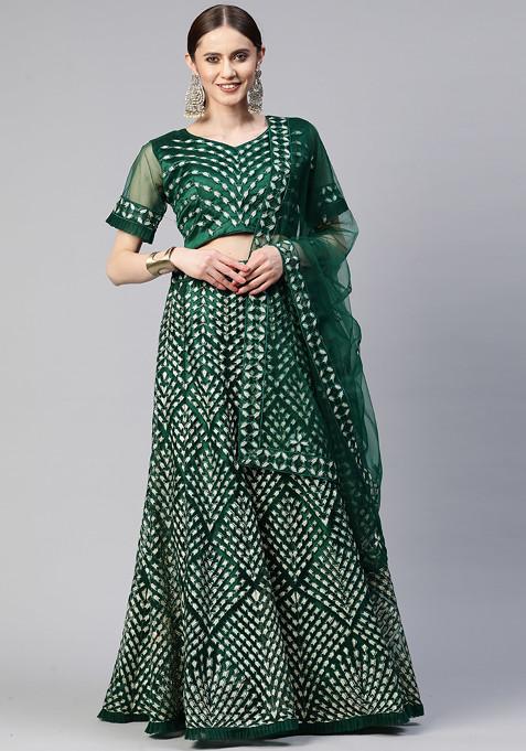 Green Thread And Sequin Embroidered Lehenga Set